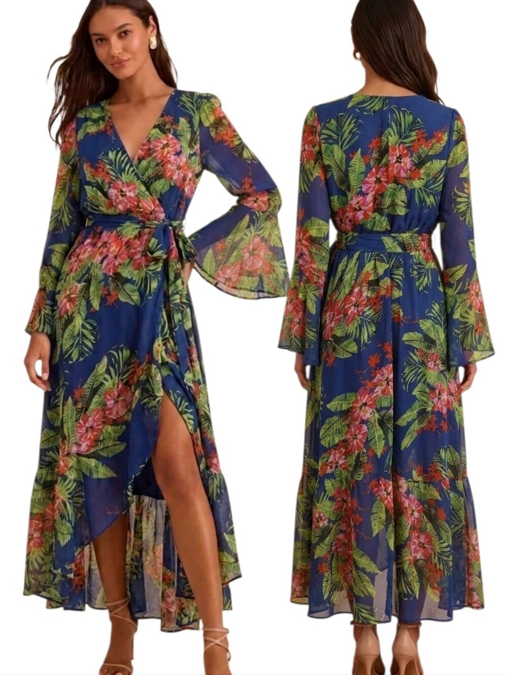 UNE ÂME Tropical Print Bell Sleeve Faux Wrap Dress - Size L